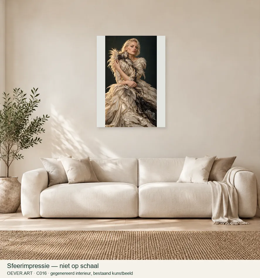 Feathered couture under black oil — sfeerimpressie in gegenereerd interieur; niet op schaal