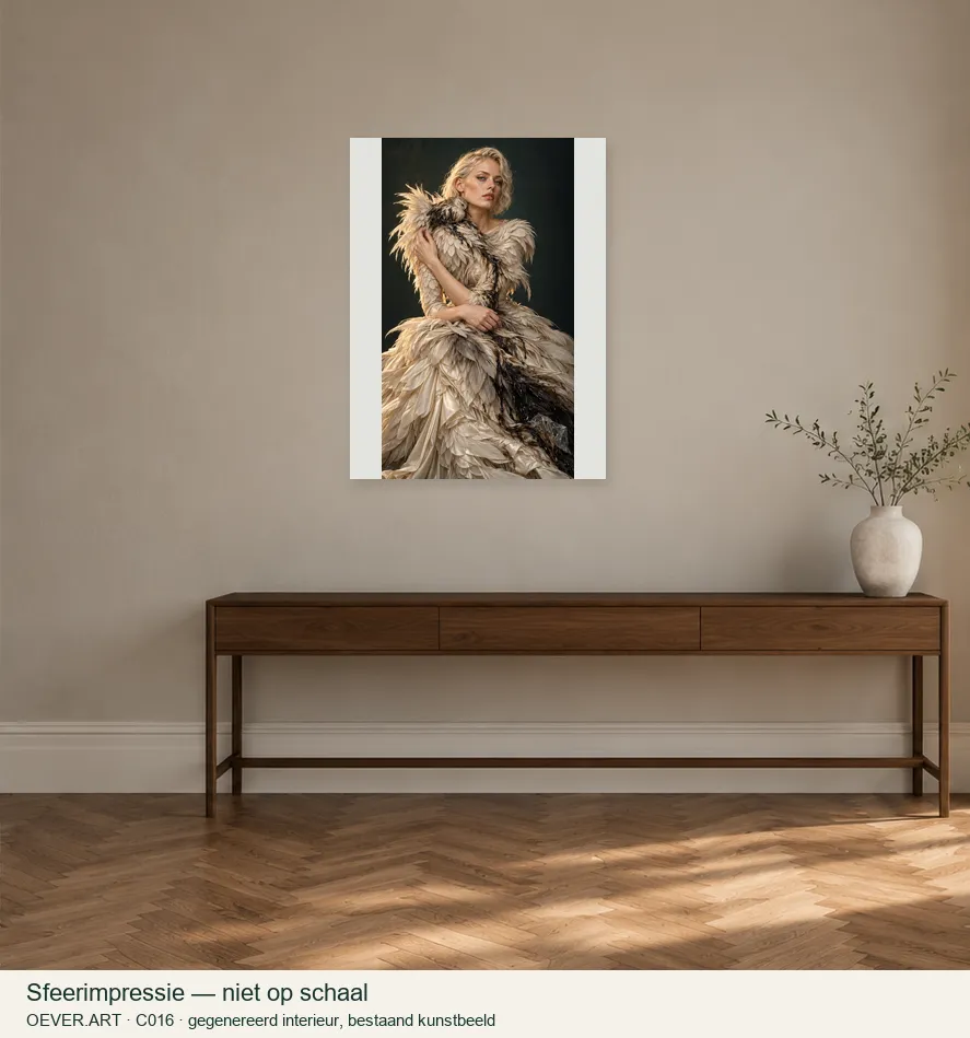 Feathered couture under black oil — sfeerimpressie in gegenereerd interieur; niet op schaal