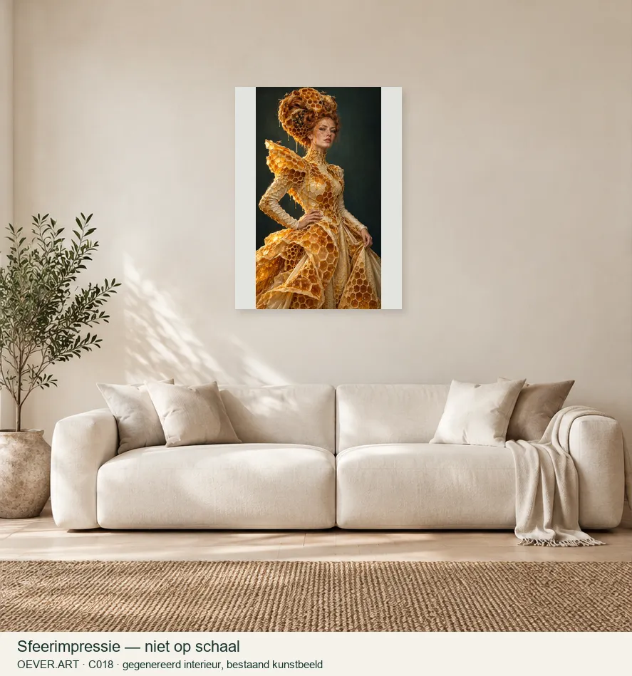 The Honeycomb Girl — sfeerimpressie in gegenereerd interieur; niet op schaal