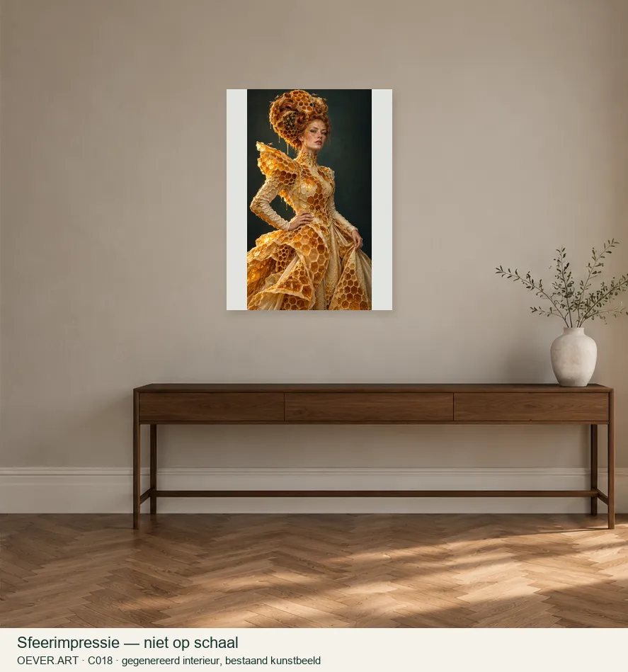 The Honeycomb Girl — sfeerimpressie in gegenereerd interieur; niet op schaal