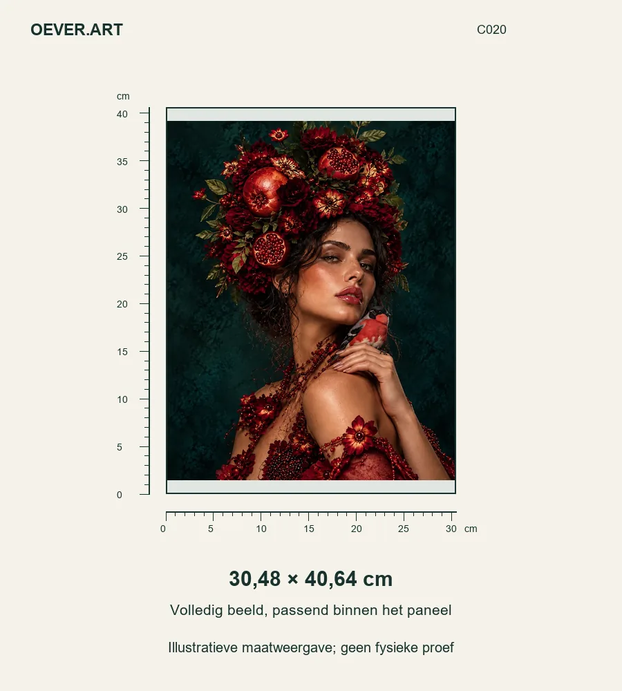 Renaissance Pomegranate Crown Portrait — illustratieve maatweergave 30,48 × 40,64 cm; geen fysieke proef