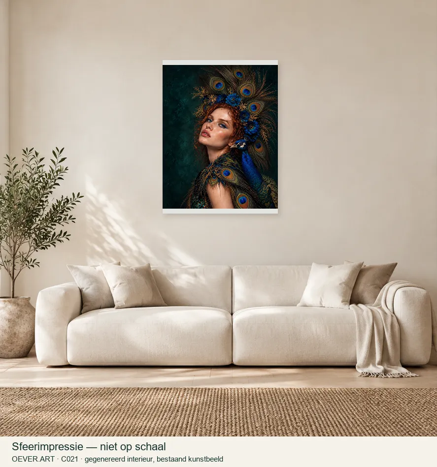 Peacock Queen with a Regal Companion — sfeerimpressie in gegenereerd interieur; niet op schaal