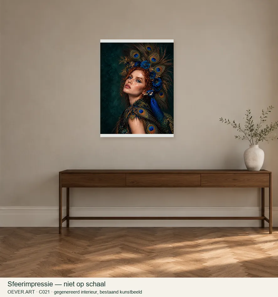 Peacock Queen with a Regal Companion — sfeerimpressie in gegenereerd interieur; niet op schaal