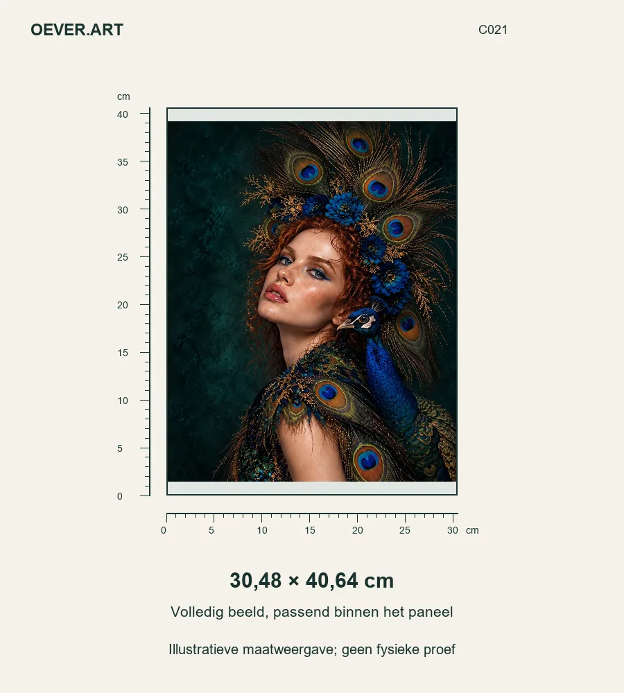 Peacock Queen with a Regal Companion — illustratieve maatweergave 30,48 × 40,64 cm; geen fysieke proef