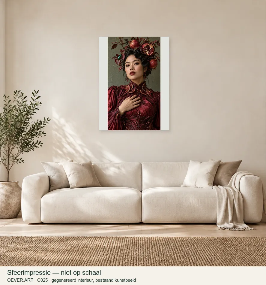 Pomegranate Muse in Oxblood Couture — sfeerimpressie in gegenereerd interieur; niet op schaal