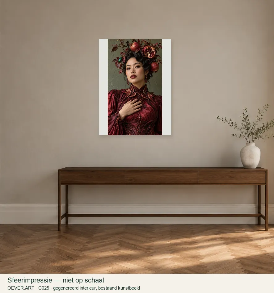Pomegranate Muse in Oxblood Couture — sfeerimpressie in gegenereerd interieur; niet op schaal