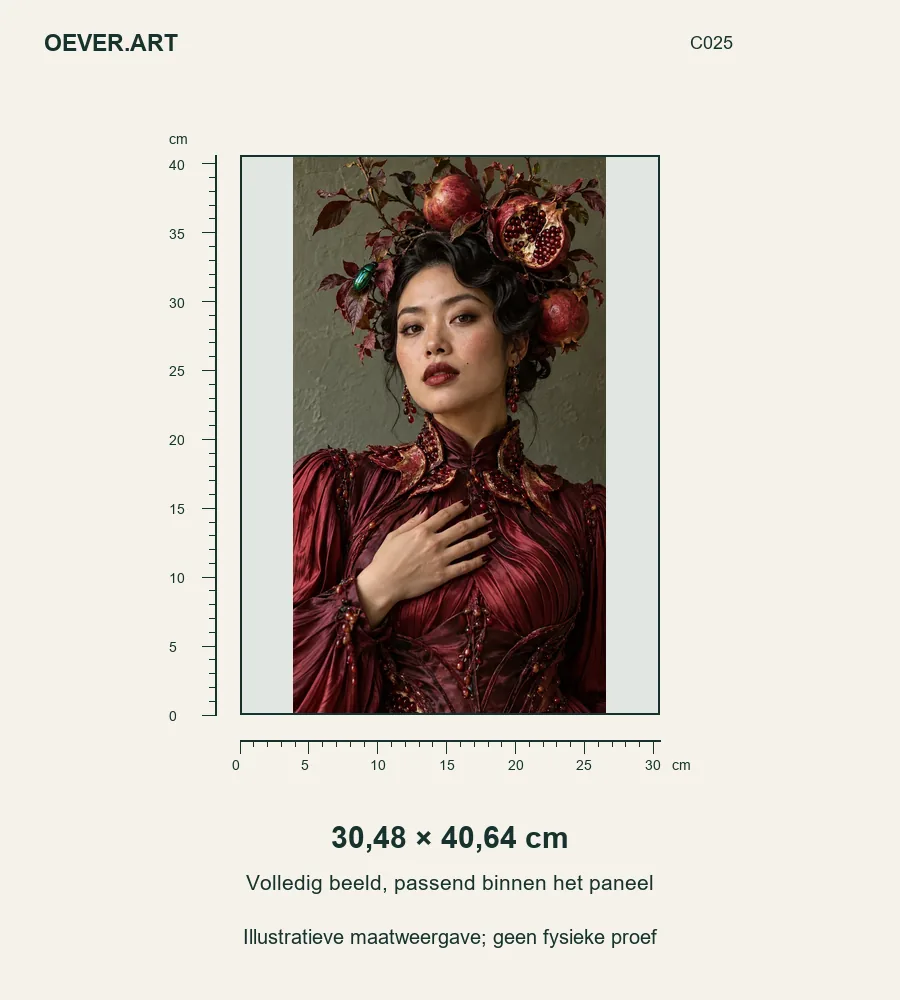 Pomegranate Muse in Oxblood Couture — illustratieve maatweergave 30,48 × 40,64 cm; geen fysieke proef