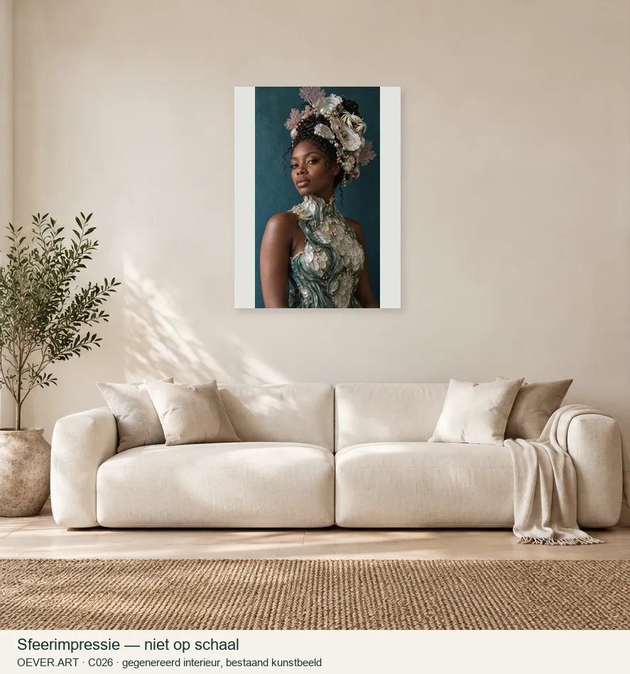 Shell-crowned marine muse — sfeerimpressie in gegenereerd interieur; niet op schaal