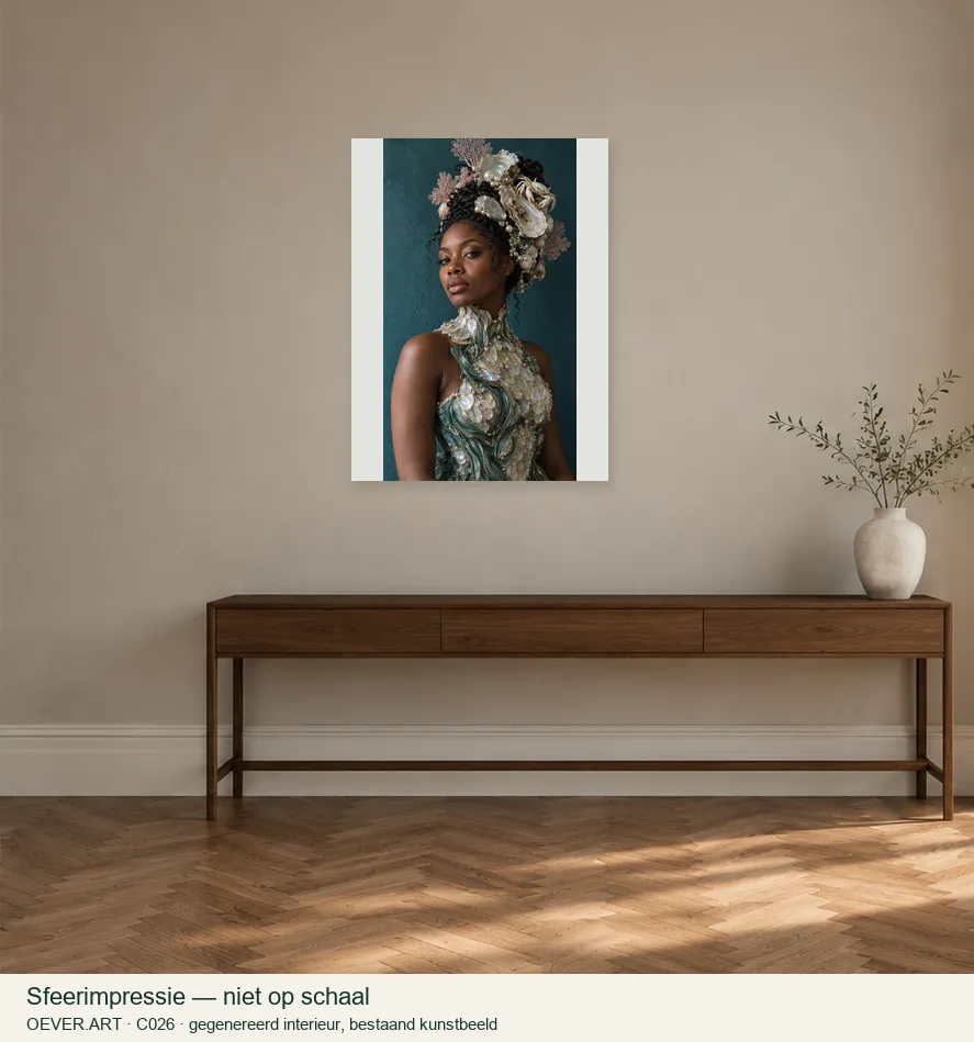 Shell-crowned marine muse — sfeerimpressie in gegenereerd interieur; niet op schaal