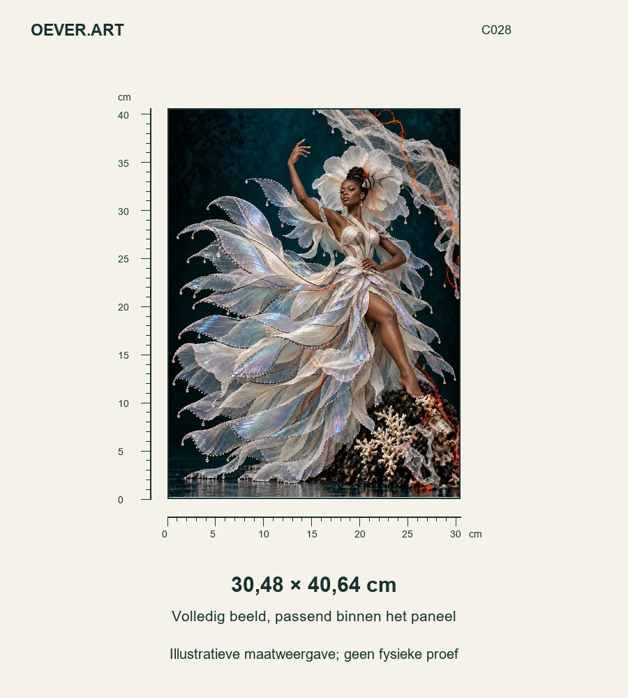 02_Banggai_Muse_V5 — illustratieve maatweergave 30,48 × 40,64 cm; geen fysieke proef