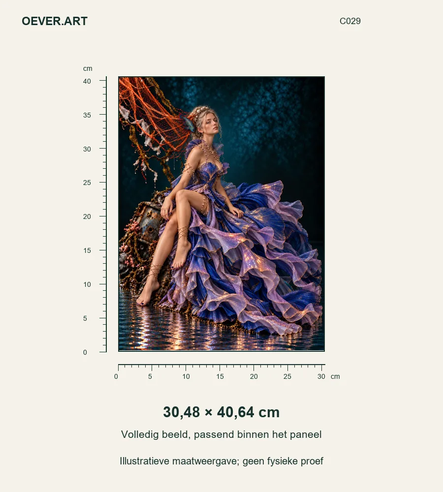 01_Mandarin_Muse_V5 — illustratieve maatweergave 30,48 × 40,64 cm; geen fysieke proef