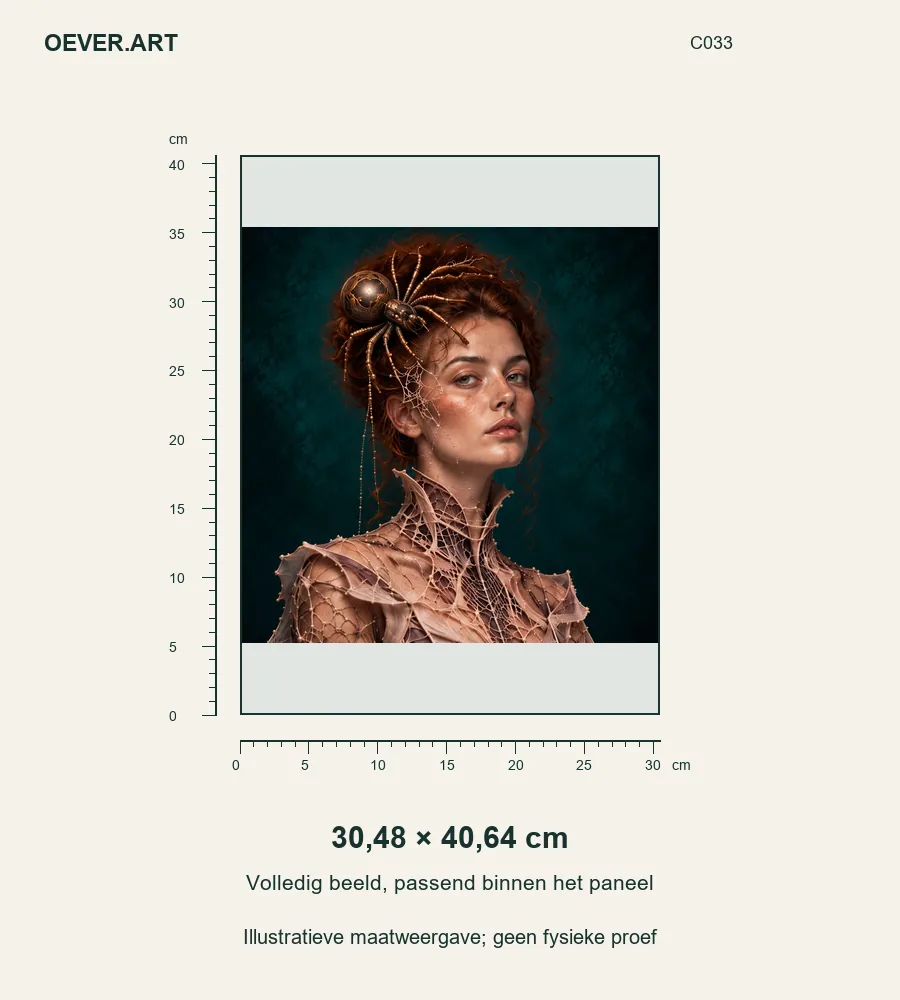 Auburn Muse with Bronze Spider — illustratieve maatweergave 30,48 × 40,64 cm; geen fysieke proef