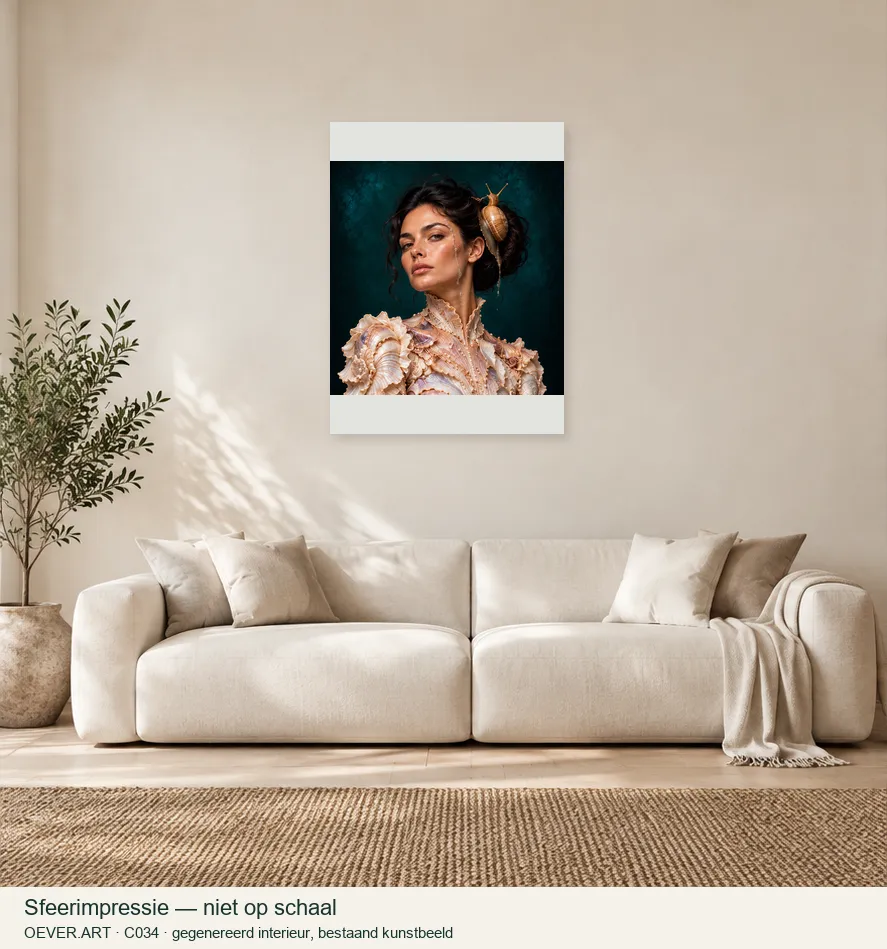 Pearl-Collared Muse and Snail — sfeerimpressie in gegenereerd interieur; niet op schaal