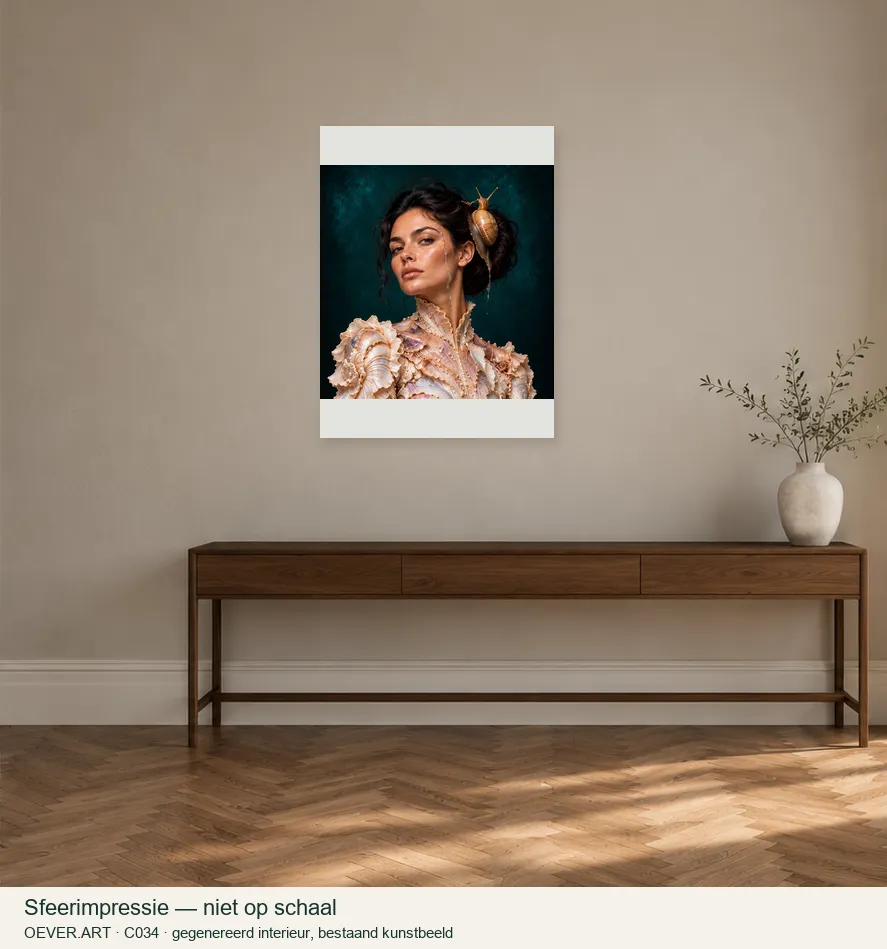 Pearl-Collared Muse and Snail — sfeerimpressie in gegenereerd interieur; niet op schaal