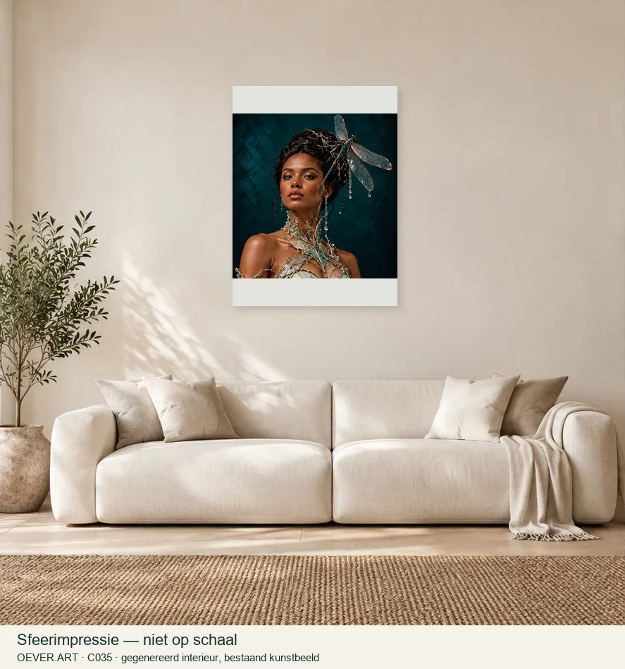 Dragonfly Muse in Celadon — sfeerimpressie in gegenereerd interieur; niet op schaal