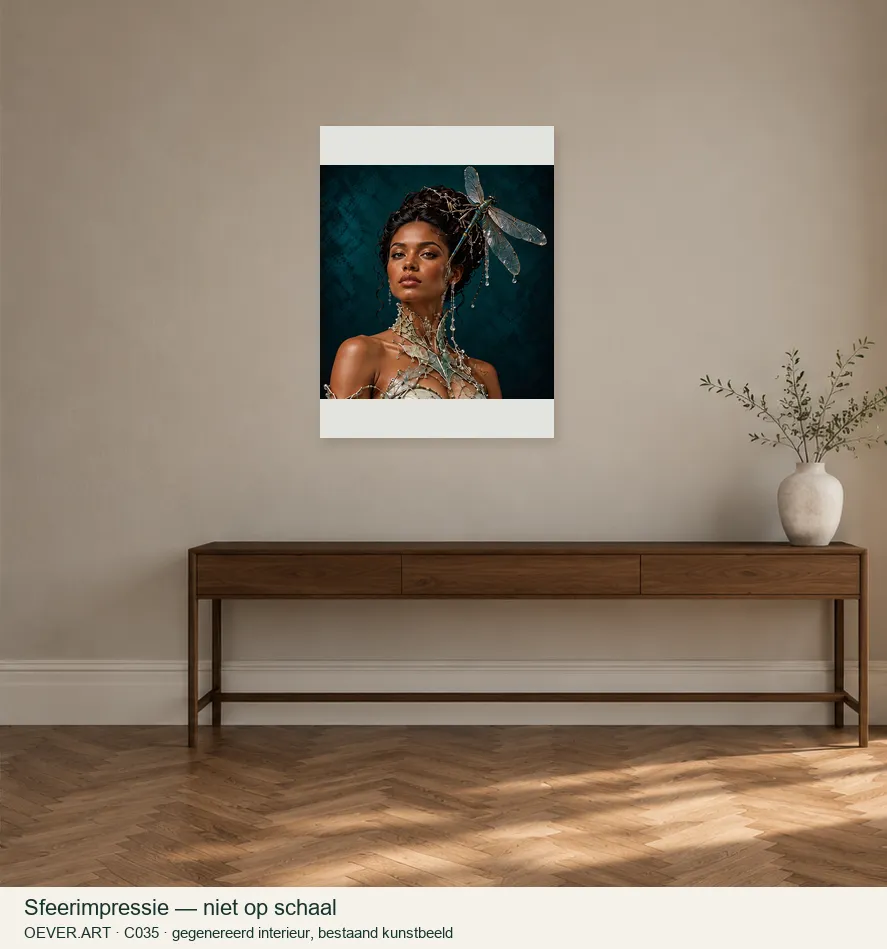 Dragonfly Muse in Celadon — sfeerimpressie in gegenereerd interieur; niet op schaal