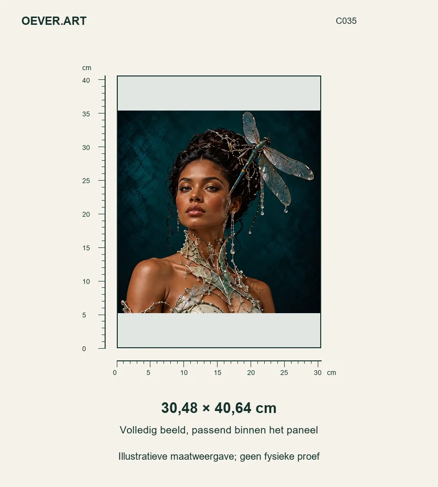 Dragonfly Muse in Celadon — illustratieve maatweergave 30,48 × 40,64 cm; geen fysieke proef