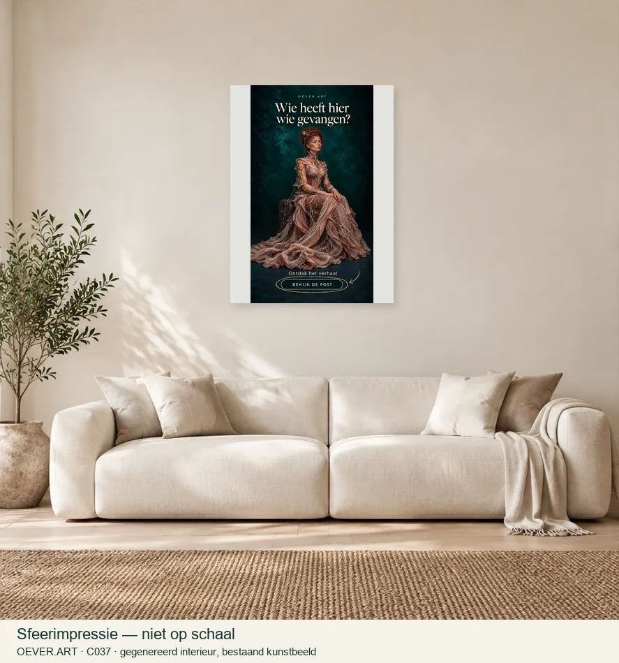 Couture portrait with a curious hook — sfeerimpressie in gegenereerd interieur; niet op schaal