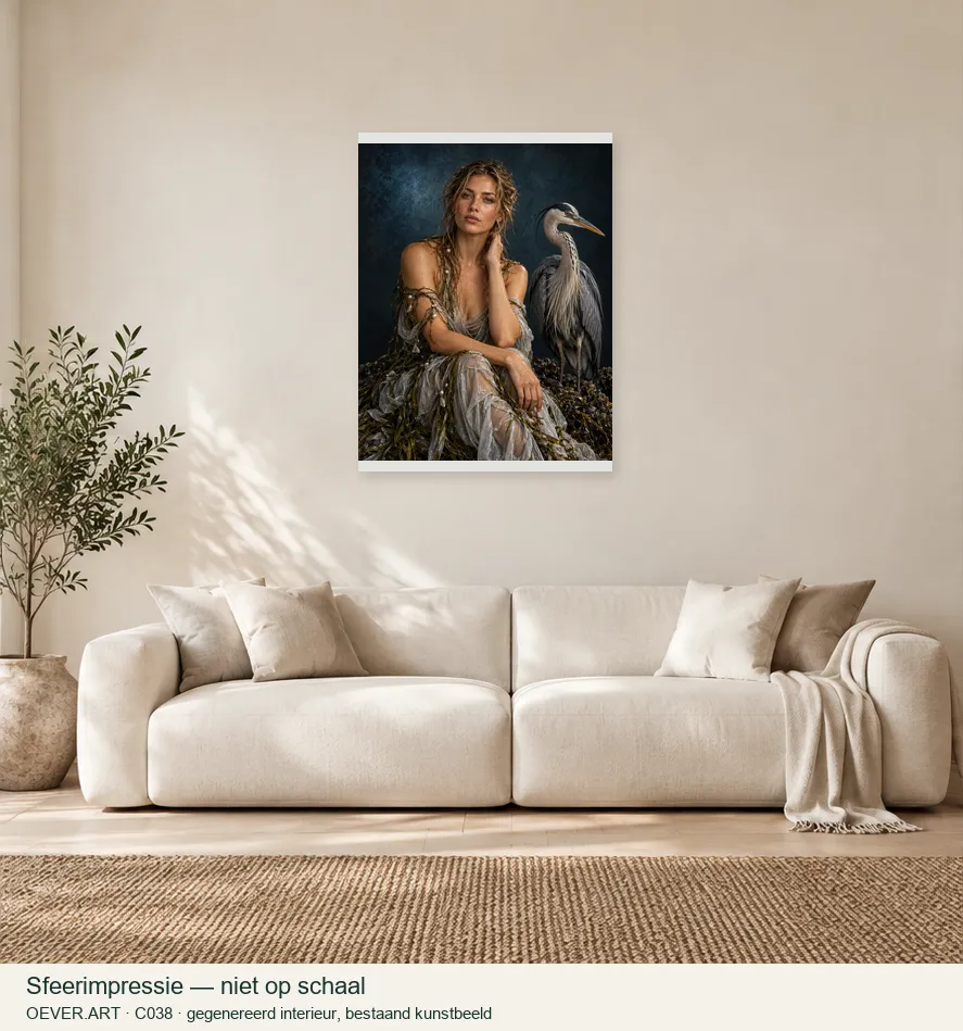 Pearl dusk portrait with heron — sfeerimpressie in gegenereerd interieur; niet op schaal