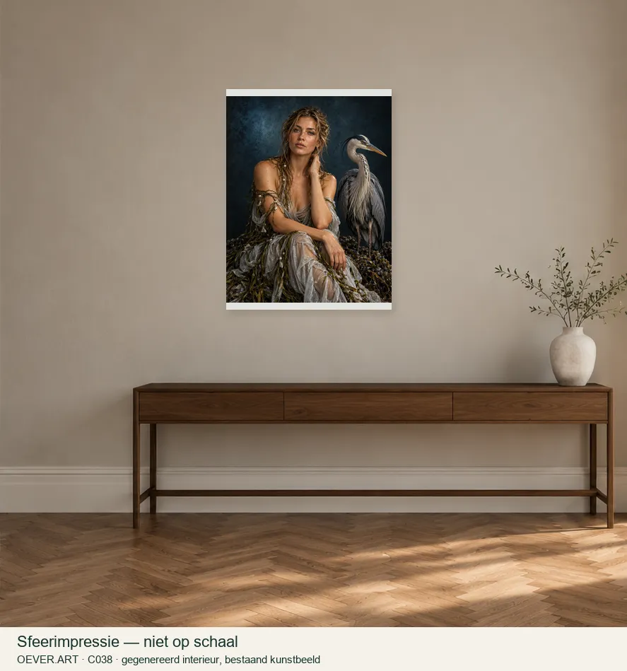 Pearl dusk portrait with heron — sfeerimpressie in gegenereerd interieur; niet op schaal