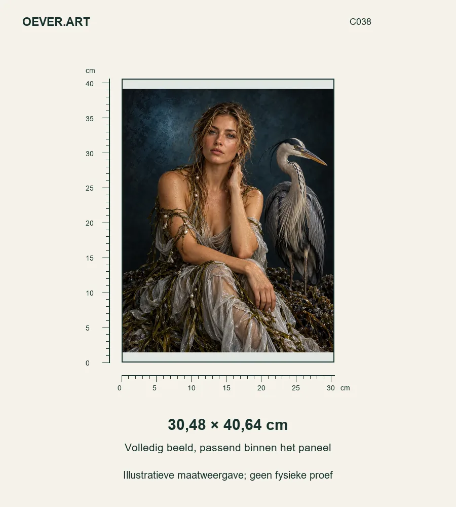 Pearl dusk portrait with heron — illustratieve maatweergave 30,48 × 40,64 cm; geen fysieke proef