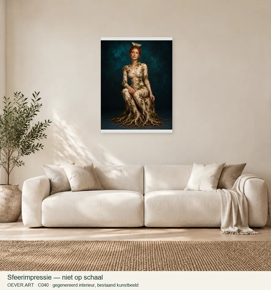 Birch Muse with Pearlescent Moth — sfeerimpressie in gegenereerd interieur; niet op schaal