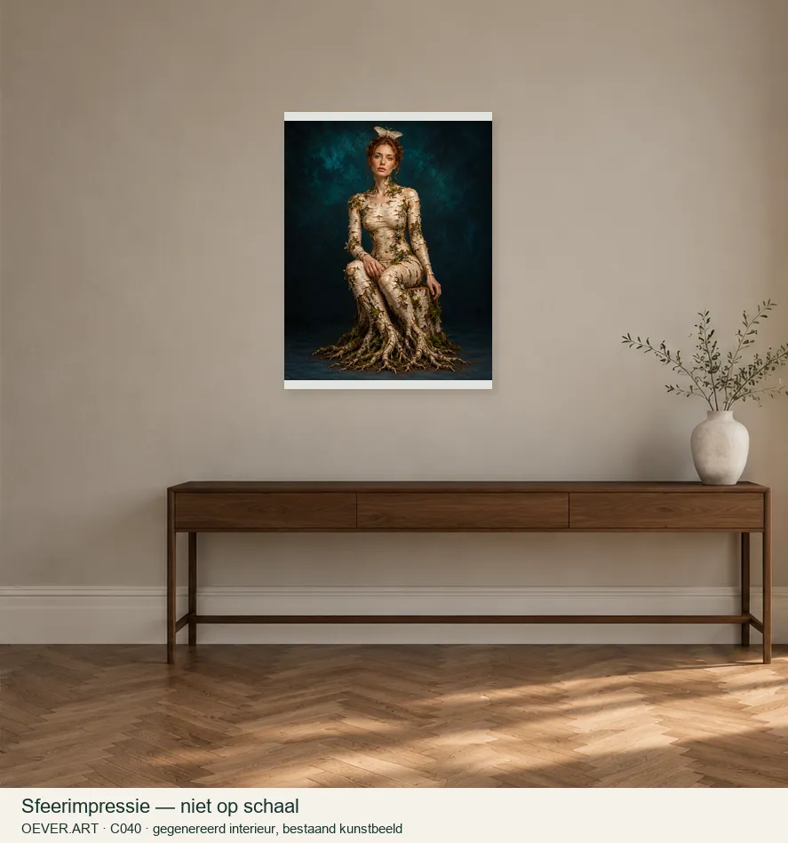 Birch Muse with Pearlescent Moth — sfeerimpressie in gegenereerd interieur; niet op schaal