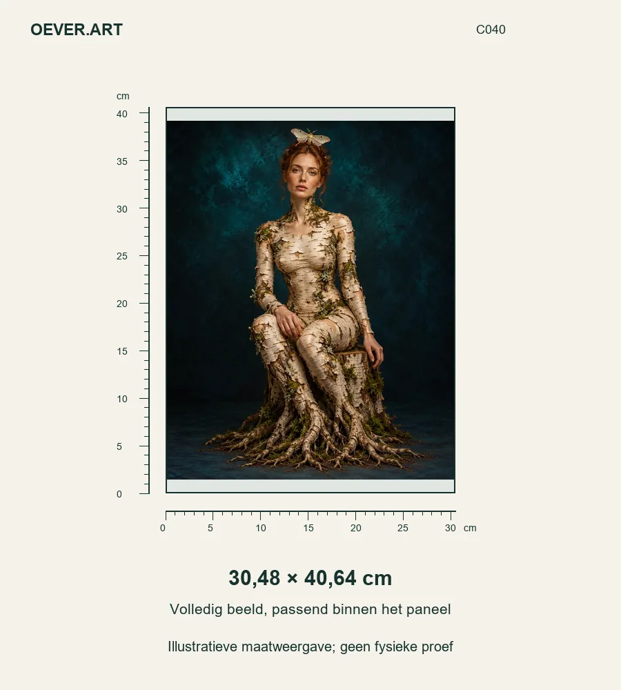 Birch Muse with Pearlescent Moth — illustratieve maatweergave 30,48 × 40,64 cm; geen fysieke proef