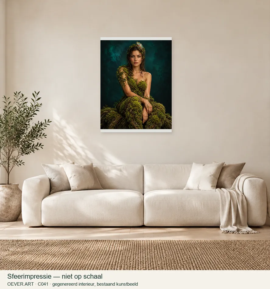 Moss muse and glass frog — sfeerimpressie in gegenereerd interieur; niet op schaal