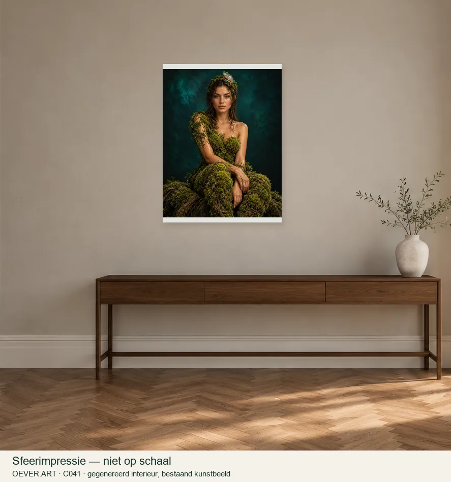 Moss muse and glass frog — sfeerimpressie in gegenereerd interieur; niet op schaal