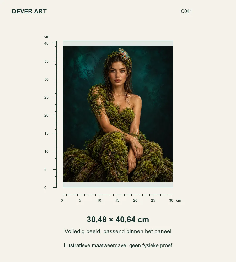 Moss muse and glass frog — illustratieve maatweergave 30,48 × 40,64 cm; geen fysieke proef