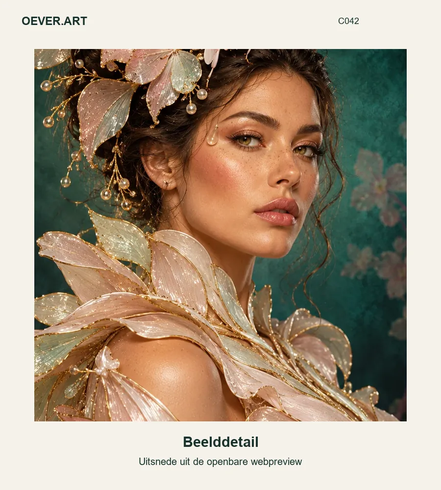 Opal mantis muse in sculptural couture — beelddetail uit openbare webpreview
