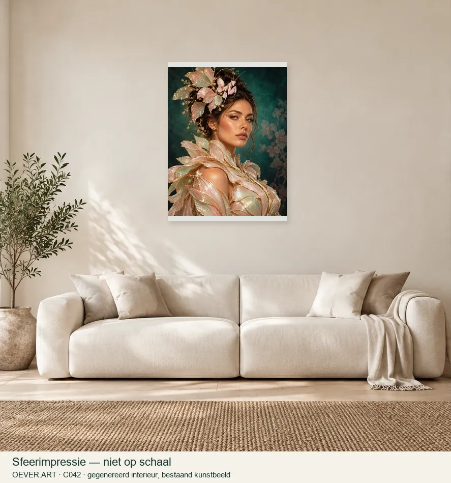 Opal mantis muse in sculptural couture — sfeerimpressie in gegenereerd interieur; niet op schaal