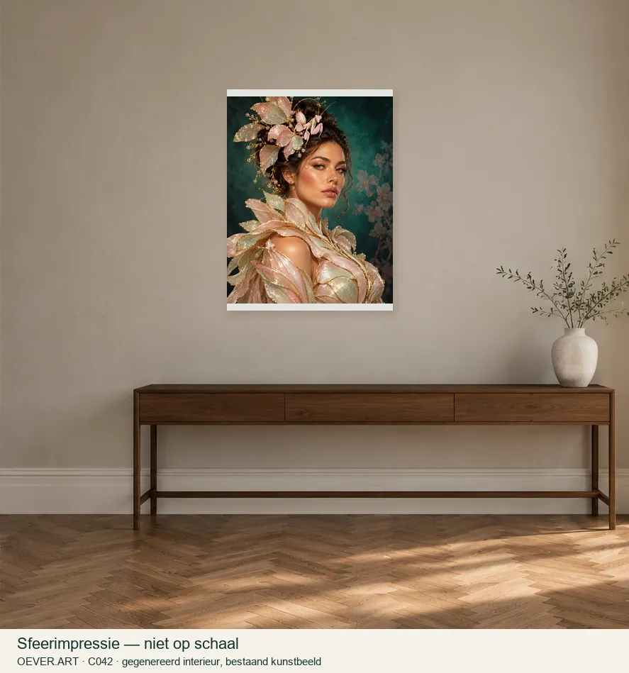 Opal mantis muse in sculptural couture — sfeerimpressie in gegenereerd interieur; niet op schaal