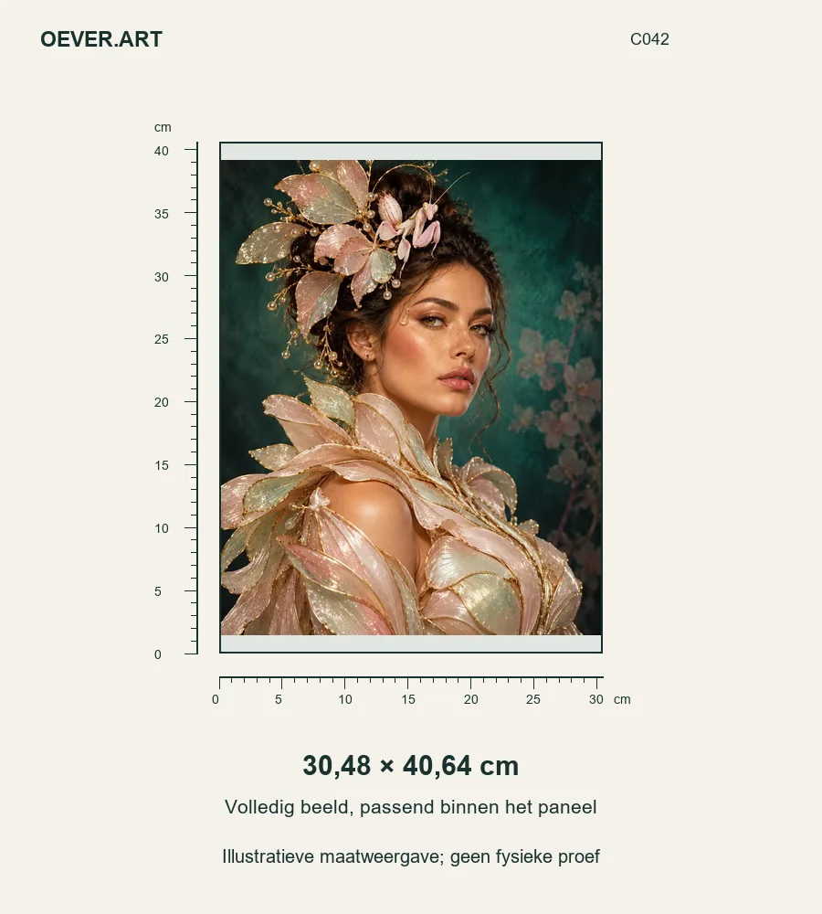 Opal mantis muse in sculptural couture — illustratieve maatweergave 30,48 × 40,64 cm; geen fysieke proef