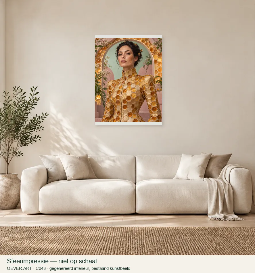 Amber Muse in Sculptural Honeycomb Couture — sfeerimpressie in gegenereerd interieur; niet op schaal