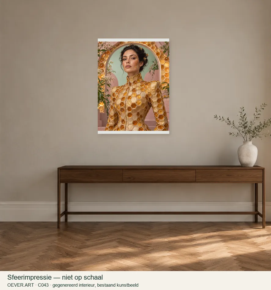 Amber Muse in Sculptural Honeycomb Couture — sfeerimpressie in gegenereerd interieur; niet op schaal