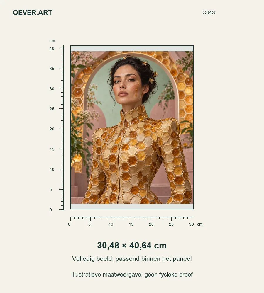 Amber Muse in Sculptural Honeycomb Couture — illustratieve maatweergave 30,48 × 40,64 cm; geen fysieke proef