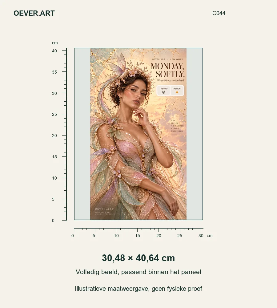 Ethereal Couture Muse at Golden Hour — illustratieve maatweergave 30,48 × 40,64 cm; geen fysieke proef