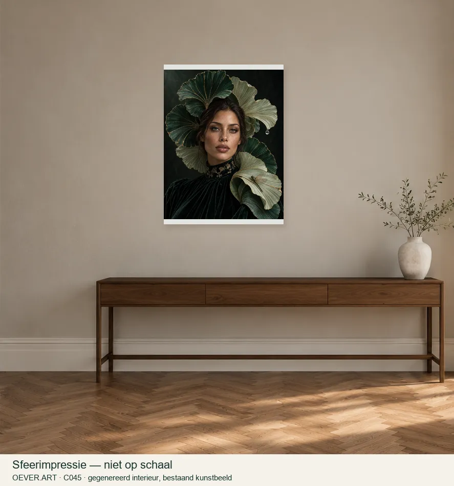 Smaragdgroene ginkgosonate — sfeerimpressie in gegenereerd interieur; niet op schaal