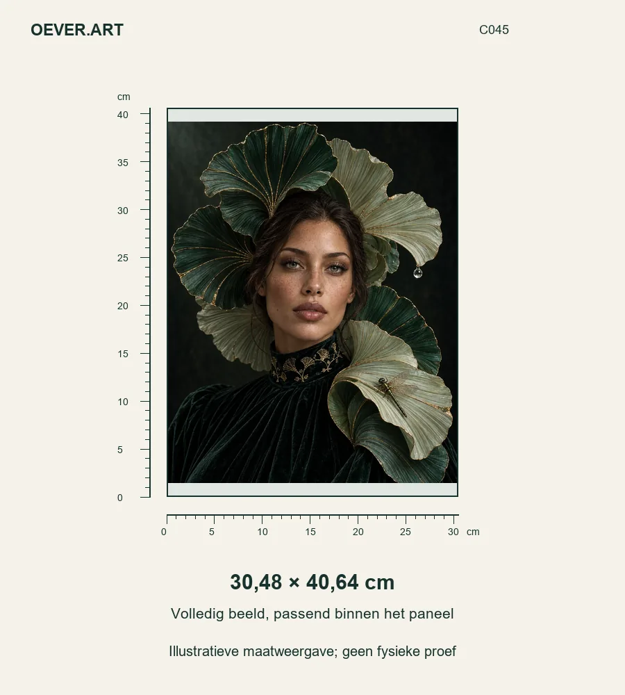 Smaragdgroene ginkgosonate — illustratieve maatweergave 30,48 × 40,64 cm; geen fysieke proef