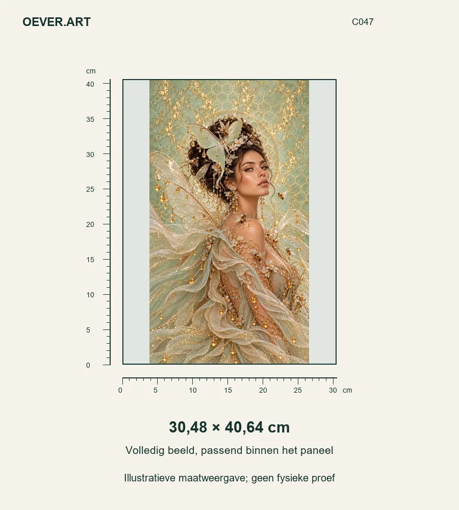 Mintgroen vlinderportret in honingraatstudio — illustratieve maatweergave 30,48 × 40,64 cm; geen fysieke proef