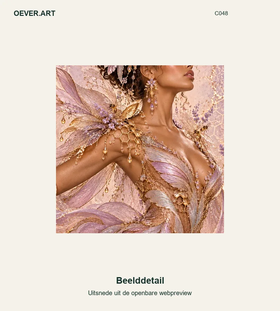 Lavendelgouden couture met een kolibriekroon — beelddetail uit openbare webpreview