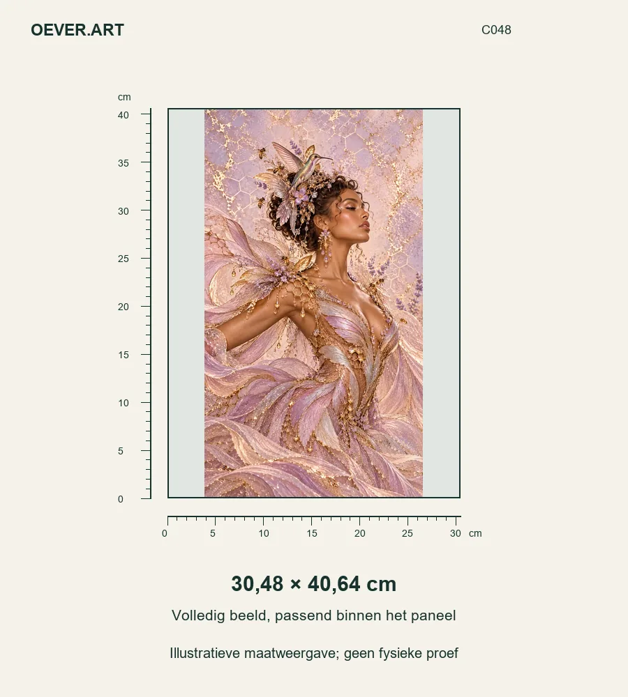 Lavendelgouden couture met een kolibriekroon — illustratieve maatweergave 30,48 × 40,64 cm; geen fysieke proef