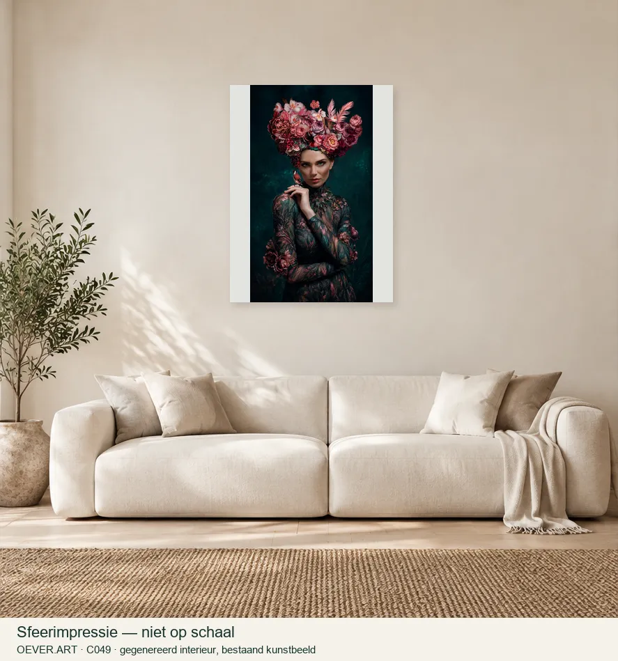 Floral Crown and Songbird Portrait — sfeerimpressie in gegenereerd interieur; niet op schaal