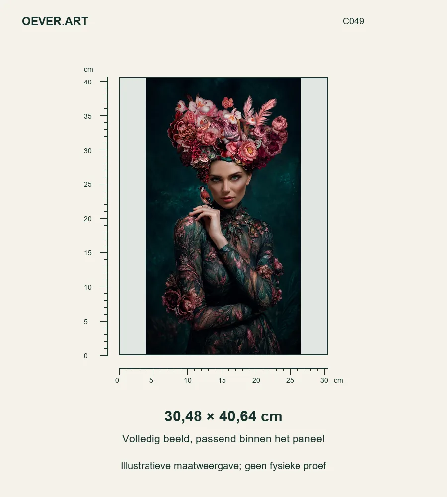 Floral Crown and Songbird Portrait — illustratieve maatweergave 30,48 × 40,64 cm; geen fysieke proef