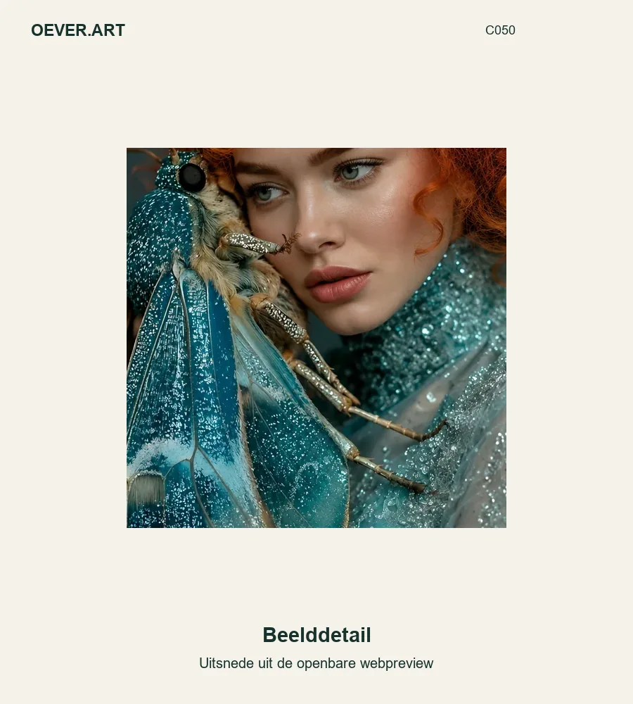 IJsblauwe couture met een glinsterende vlinder — beelddetail uit openbare webpreview