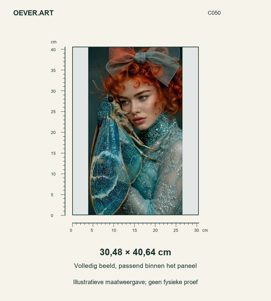 IJsblauwe couture met een glinsterende vlinder — illustratieve maatweergave 30,48 × 40,64 cm; geen fysieke proef