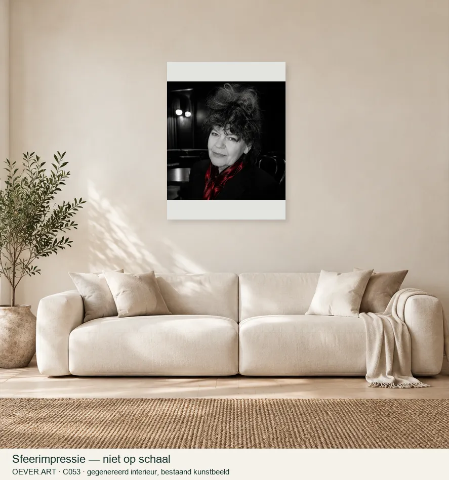 Silver Silence and Crimson Silk — sfeerimpressie in gegenereerd interieur; niet op schaal