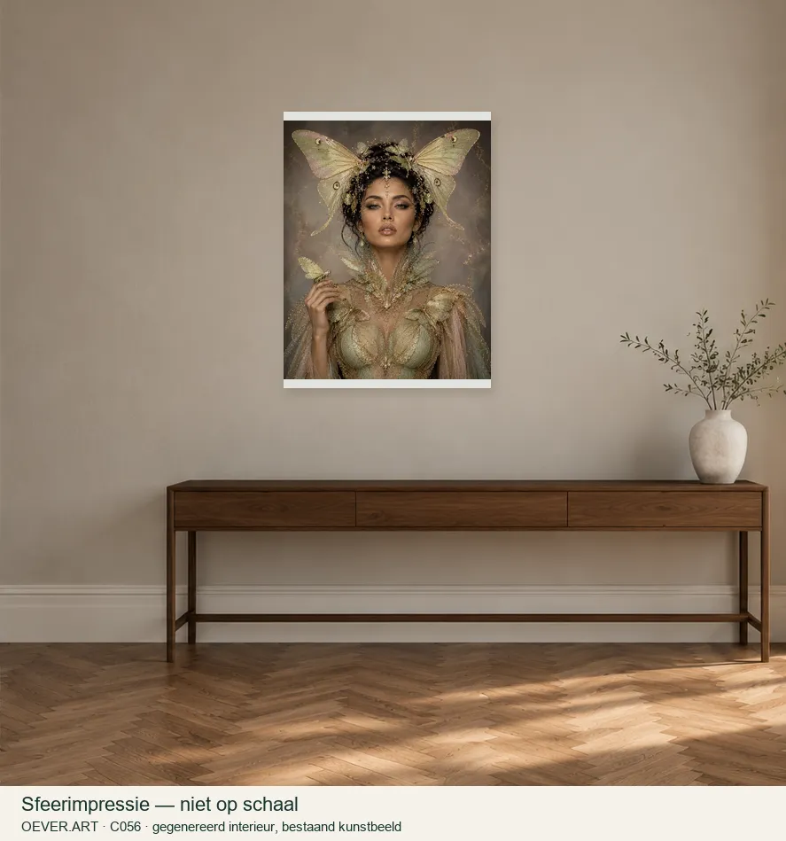 Mothwing Empress in Gold and Sage — sfeerimpressie in gegenereerd interieur; niet op schaal